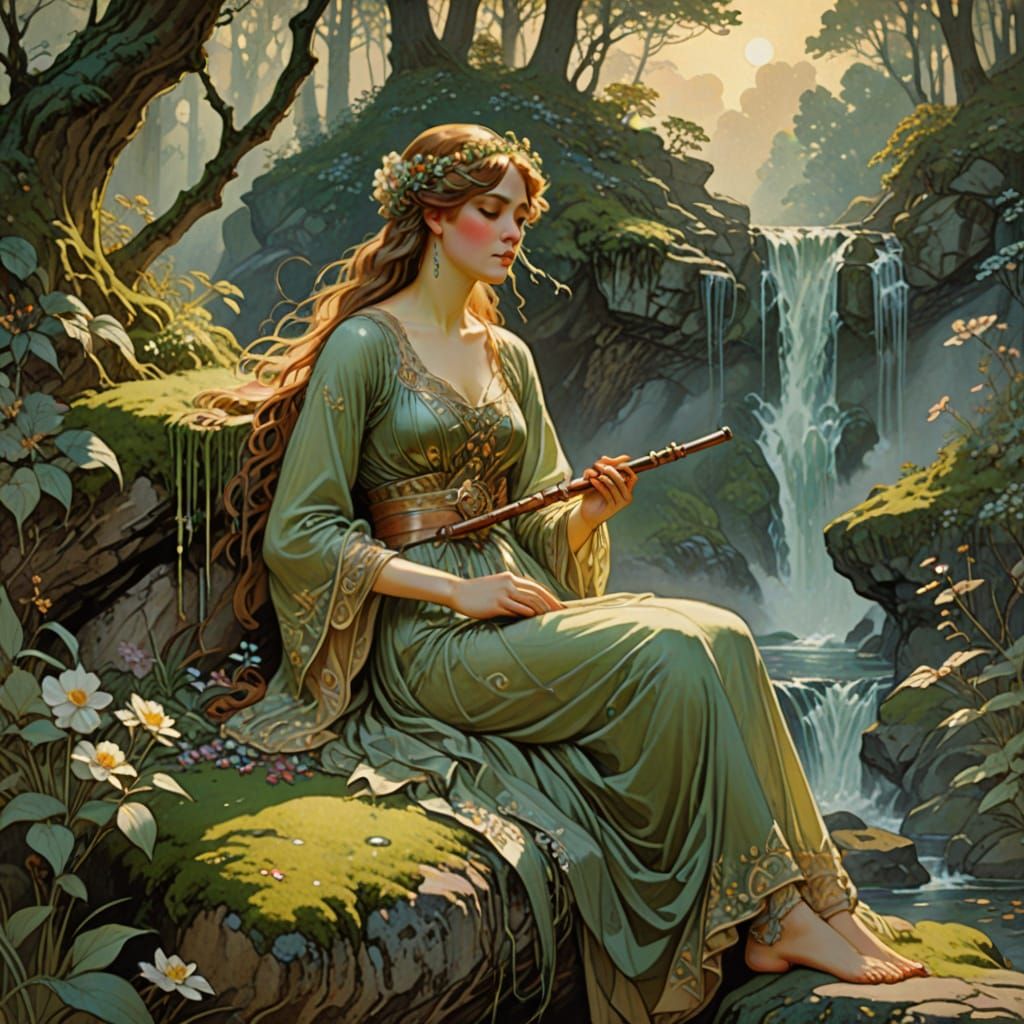 Ethereal Flute Player in Art Nouveau Style