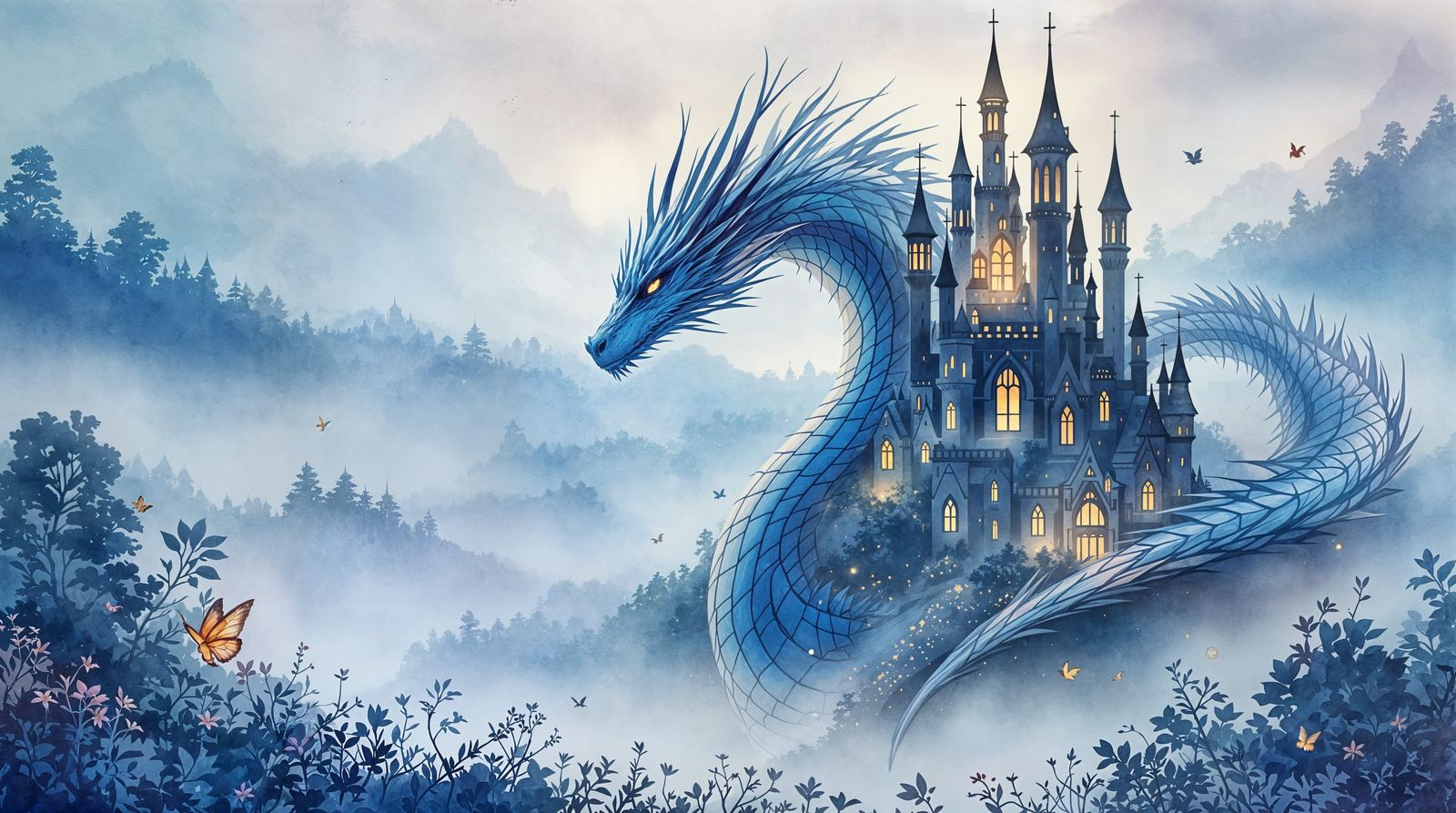 Mystical Dragon Castle in Whimsical Watercolor