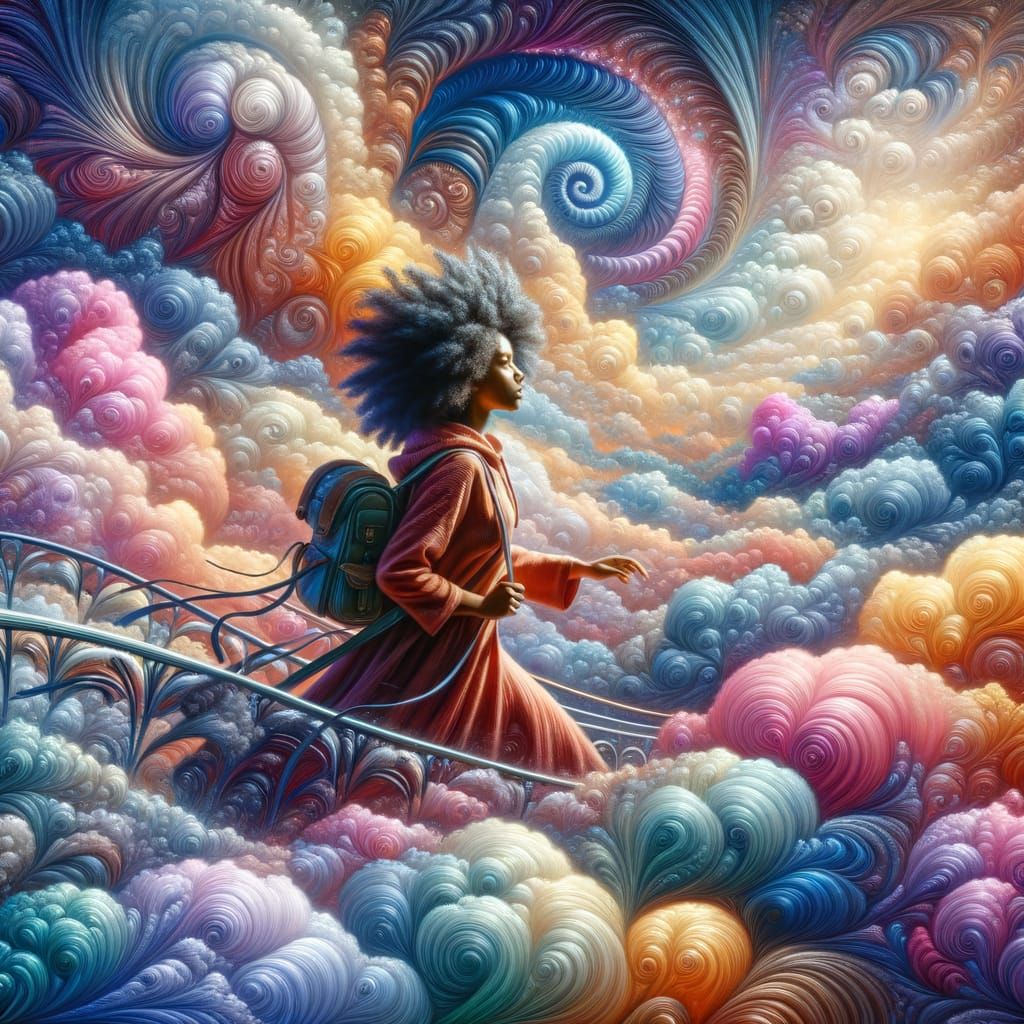 Black Traveler's Journey Through Dreamlike Clouds