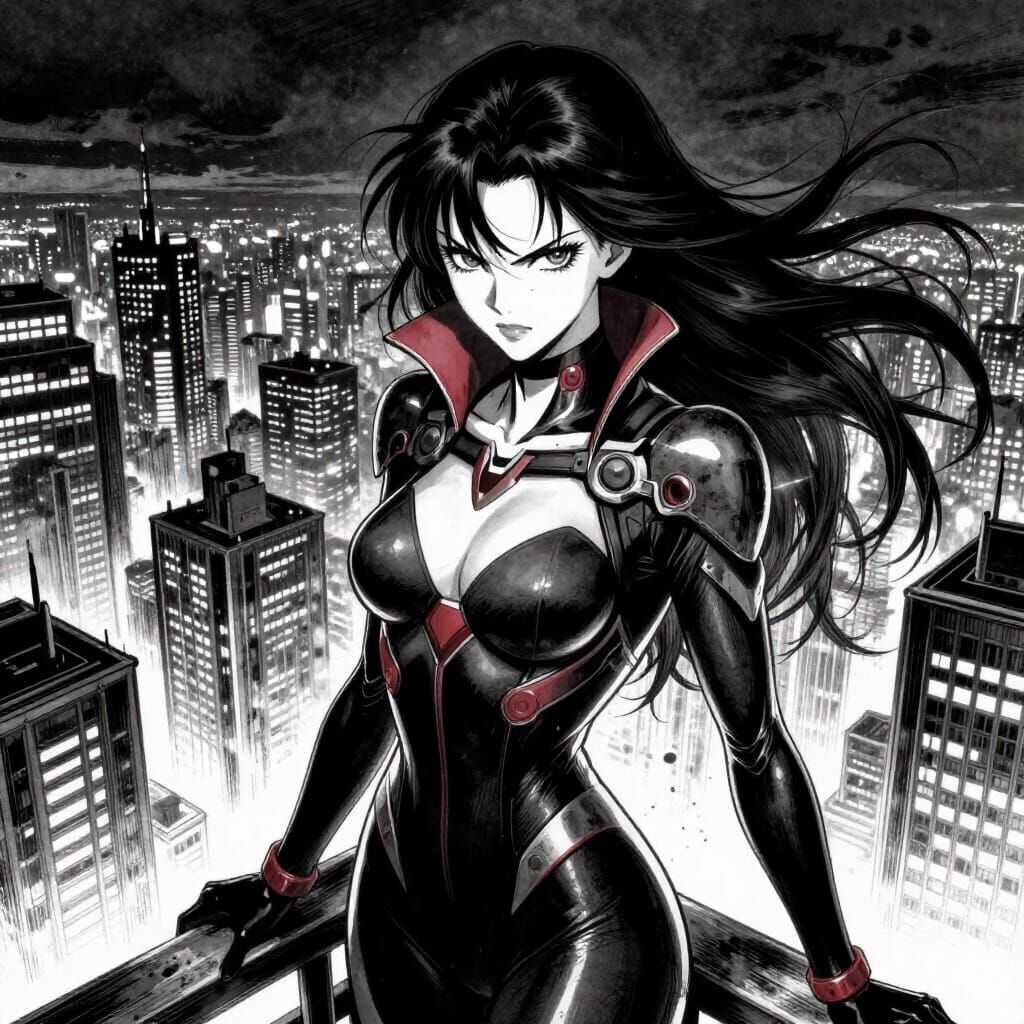Manga Supervillainess Overlooking Neon Cityscape