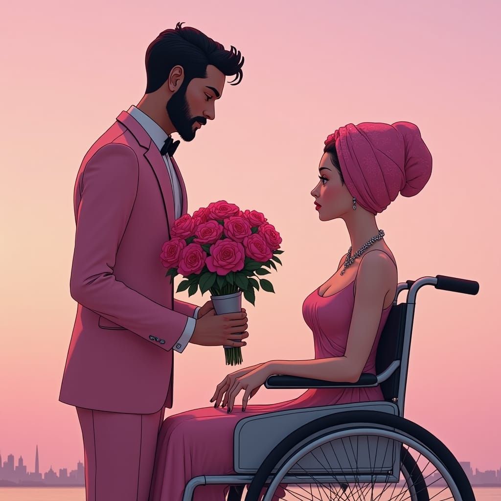 Elegant Man Offers Roses in Futuristic Style