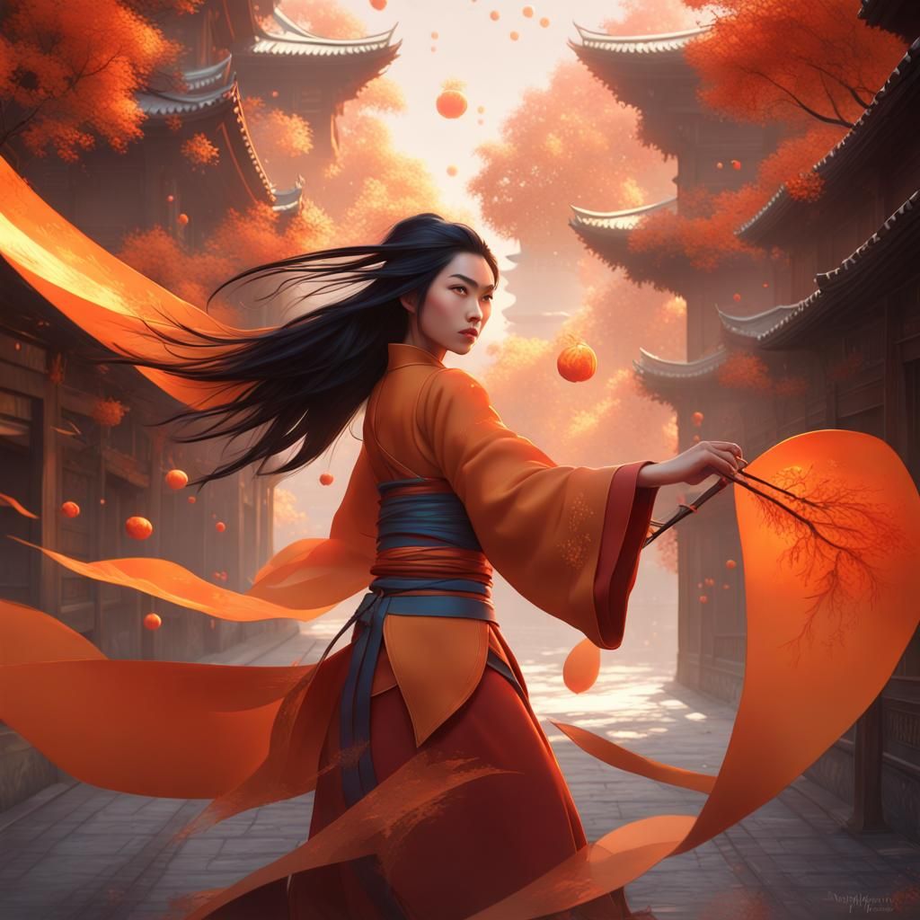 Mulan, orange spike aura in motion, damaged japanese clothes, floating pieces,