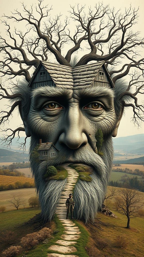 Vintage-Style Optical Illusion Portrait of an Old Man in a C...