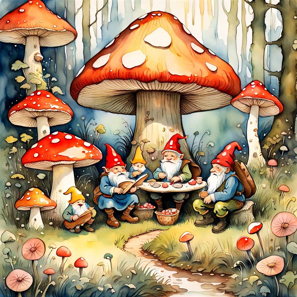 Gnome Family Picnic in Watercolor Illustration