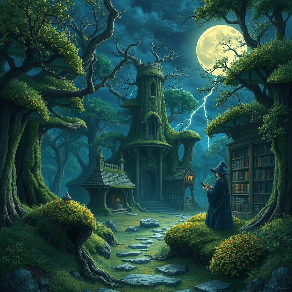 Cyberpunk Witches in Stormy Forest Library