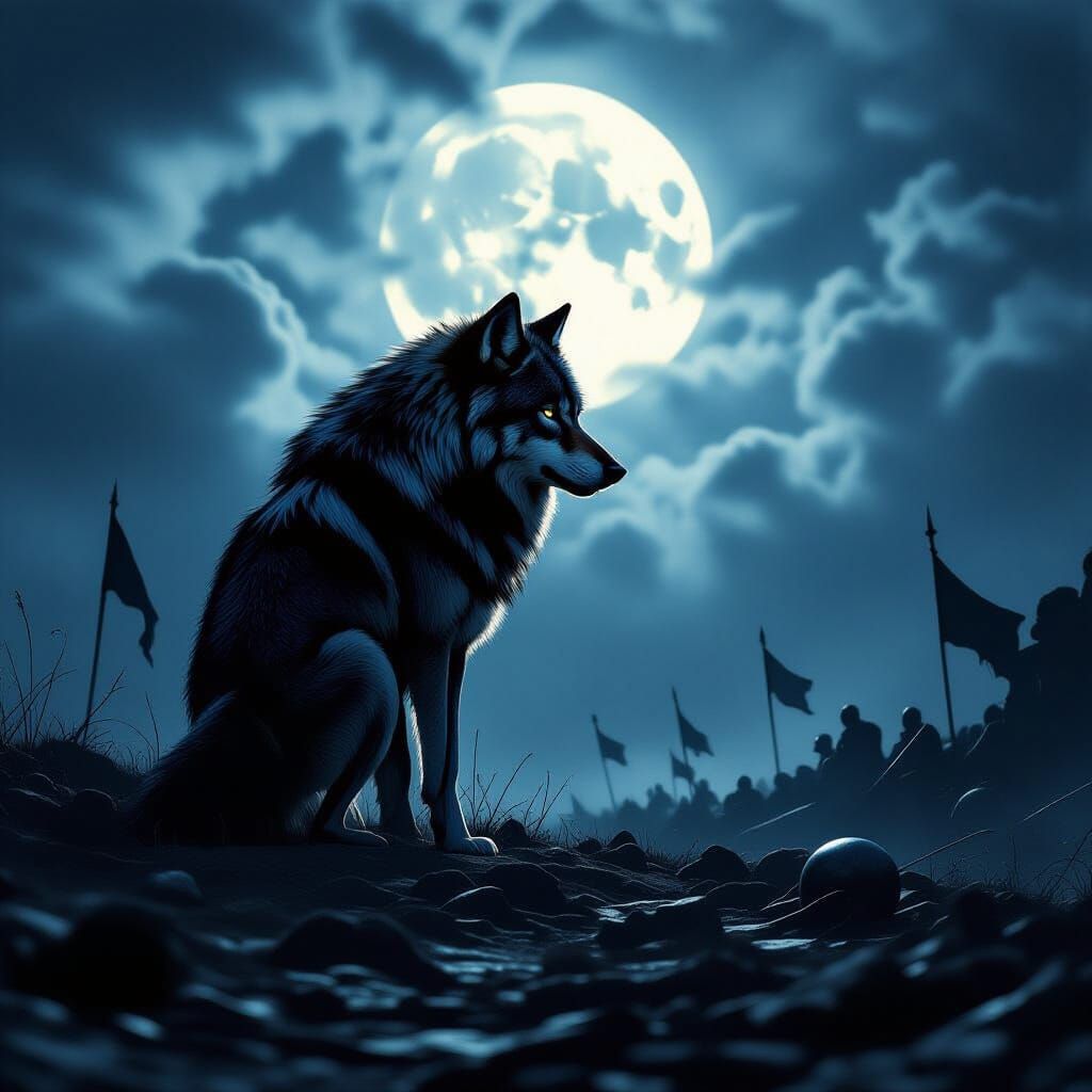 Majestic Wolf in Caravaggio Style on Ancient Battlefield