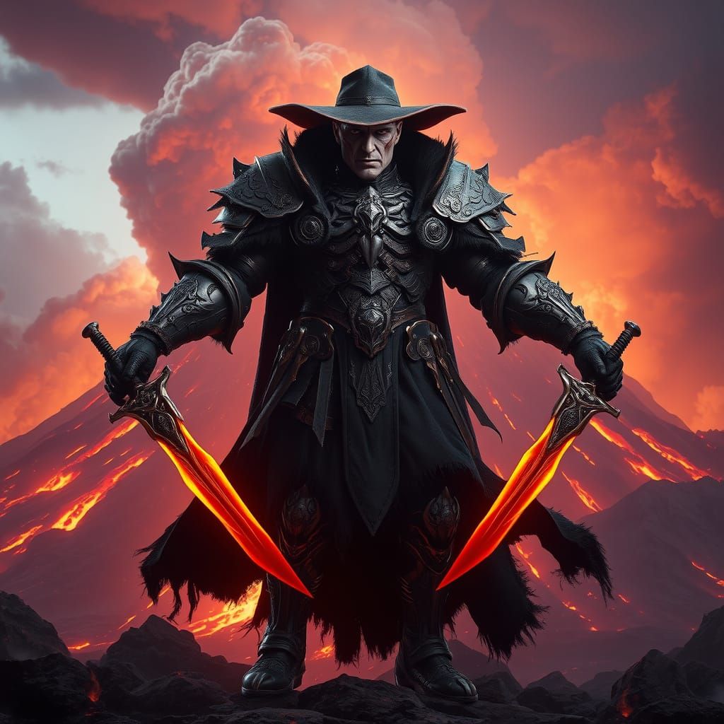 Dark Fantasy Blood Hunter Stands Against Erupting Volcano in...