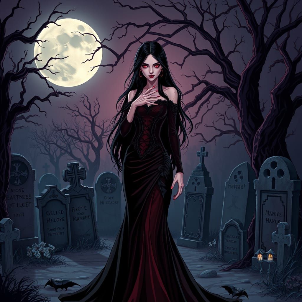 Gothic Vampire in Graveyard, Dark Fantasy Cel-Shaded Art