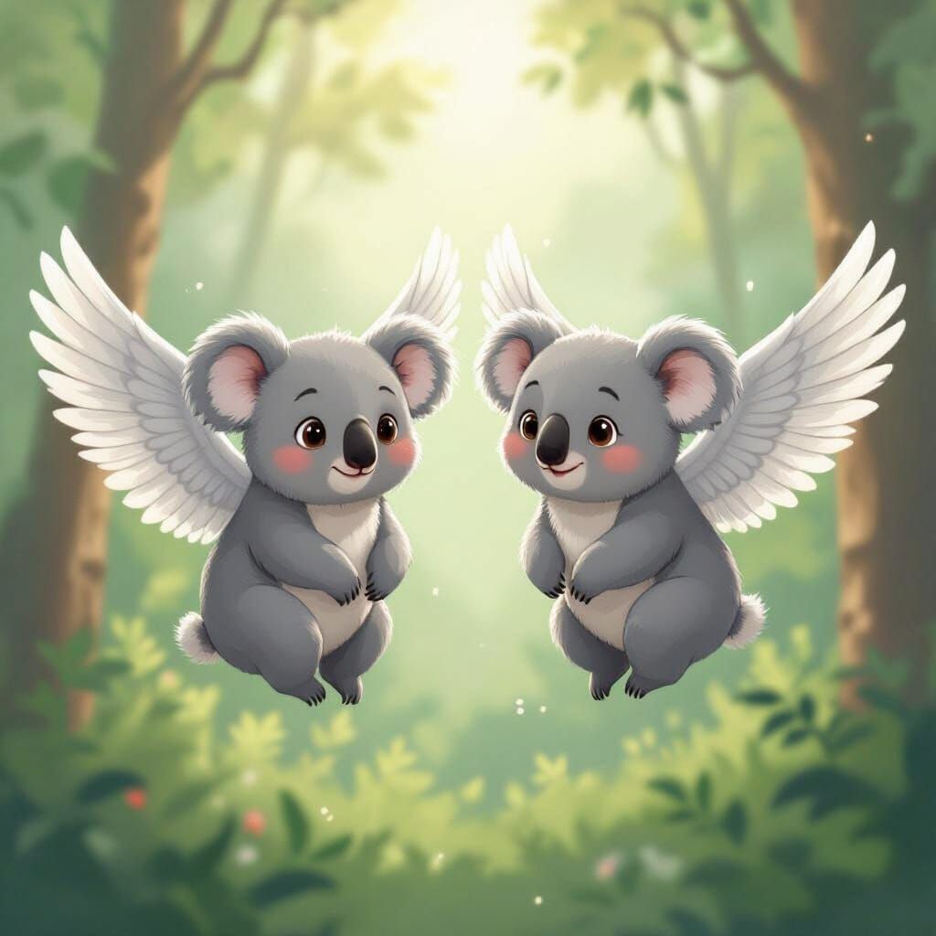 Cartoon Koalas With Feathered Wings Floating Ethereally