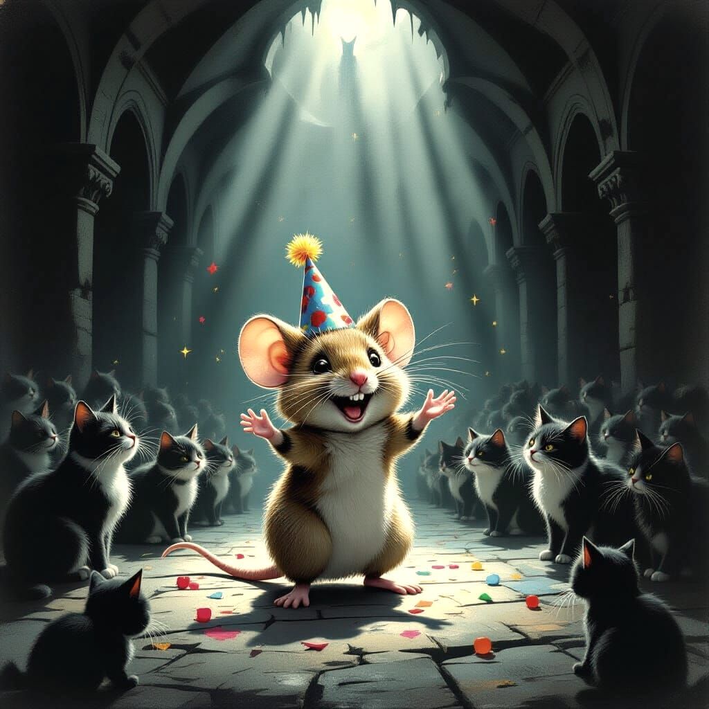 Mouse Birthday Party Amidst Hungry Cats in Horror Style