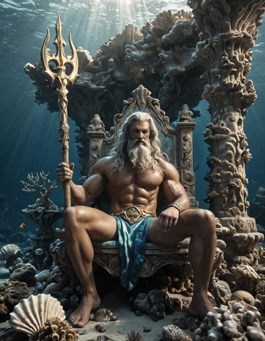 Poseidon on a Coral Throne Underwater Scene