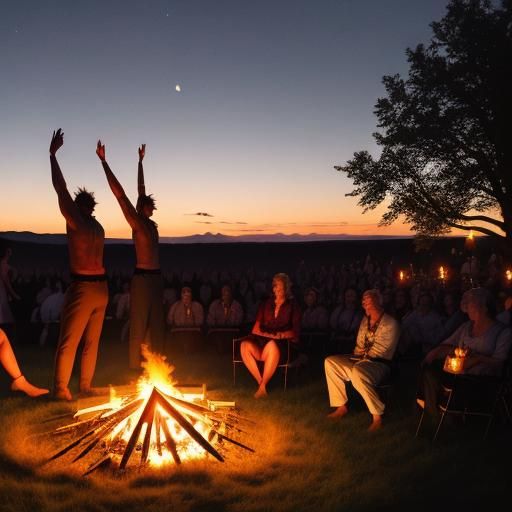 traditional summer solstice celebration, with bonfires, dancing under the twilight sky,