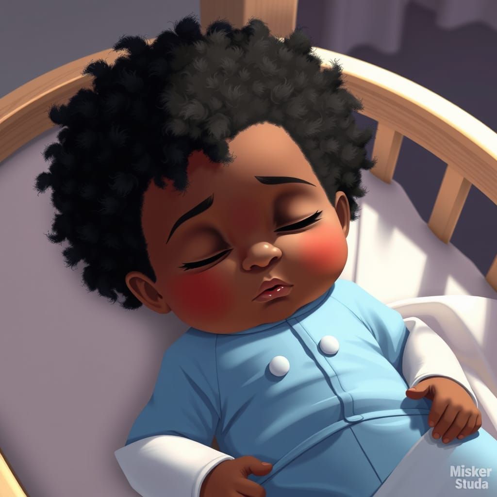 Sleeping Newborn Boy in a Wooden Crib, Rendered in Pixar Sty...