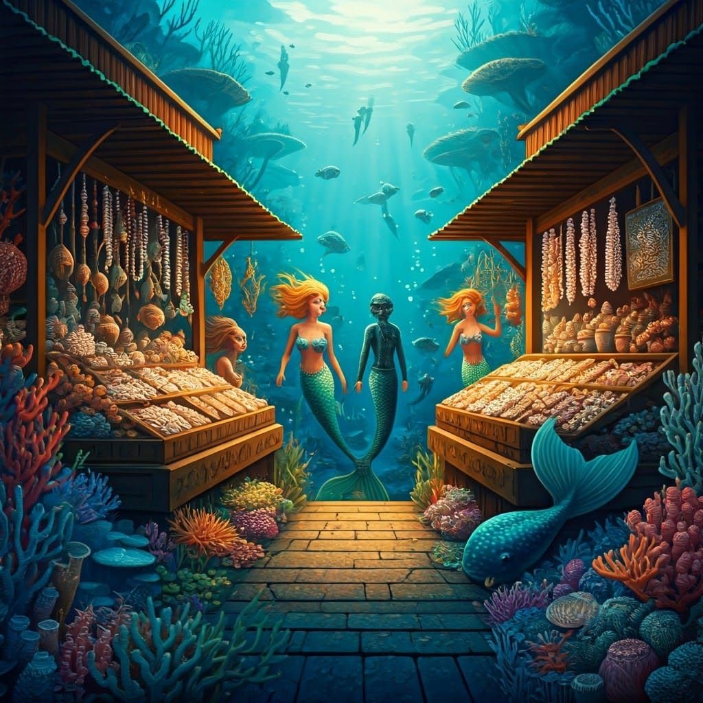Vibrant Coral Reef Market with Mermaids and Humans