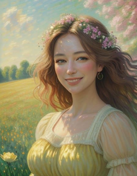 Whimsical Oil Painting of a Smiling Girl in a Blooming Meado...