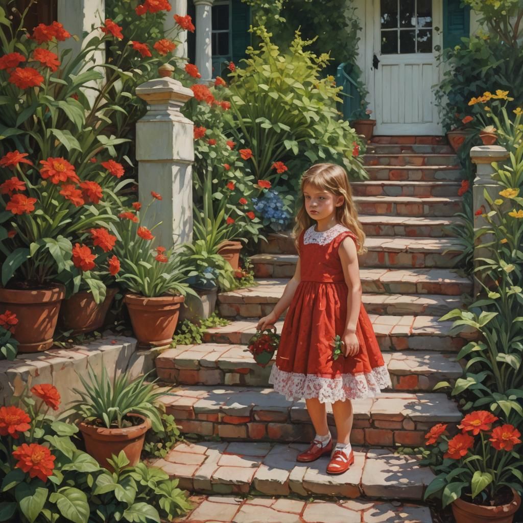 Charming Cottage Garden with Girl, Oil Painting