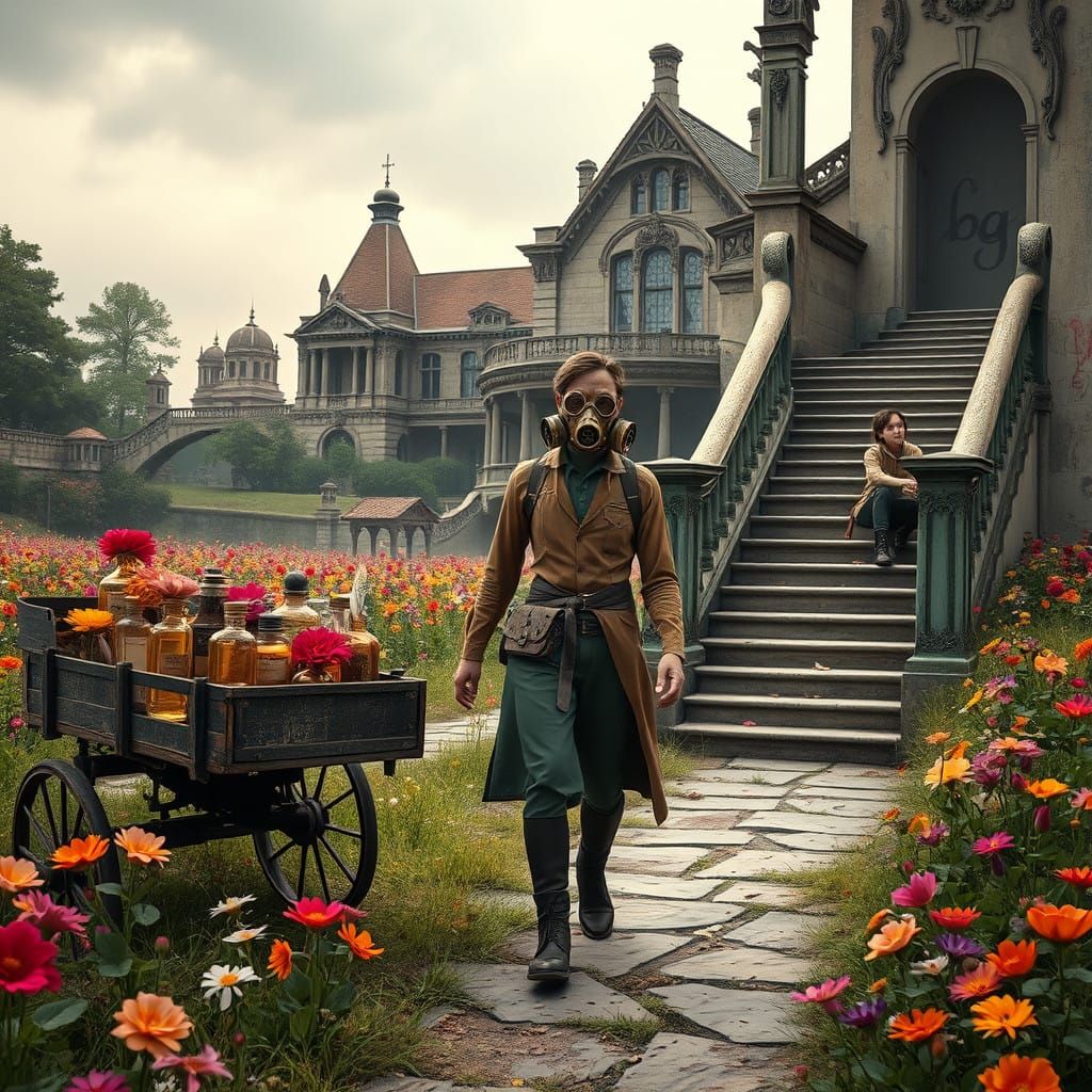 Young Couple Strolls Through Ruins of an Ancient Estate Amid...