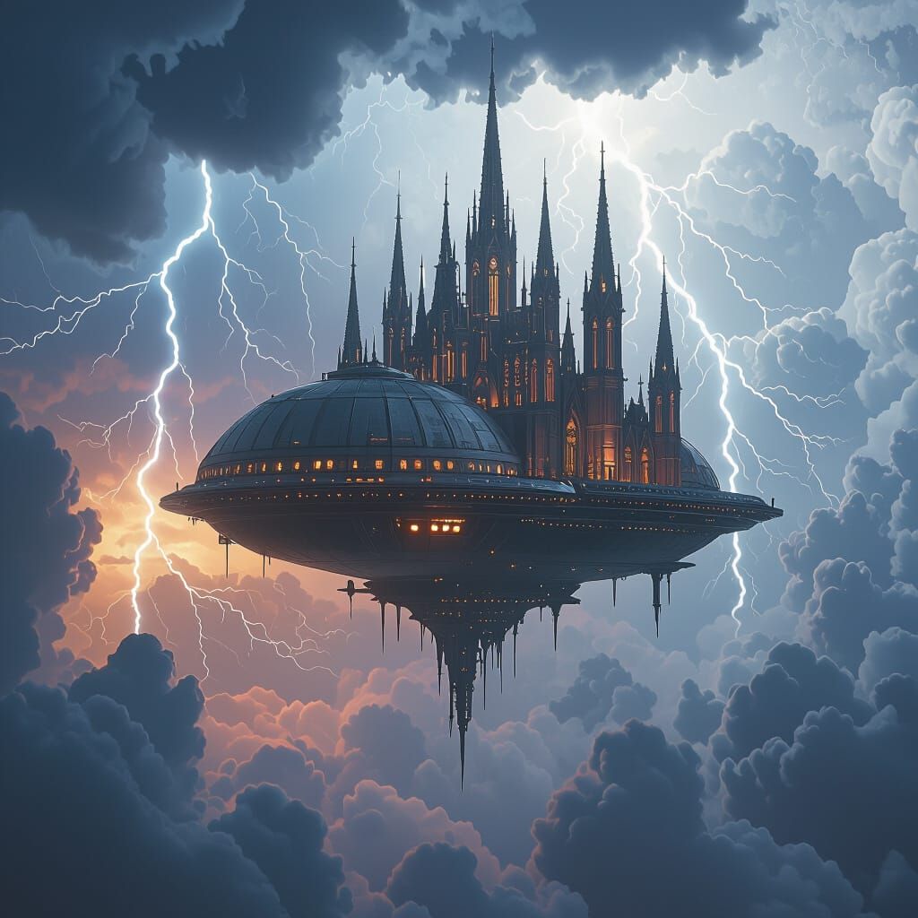 Domed Flying City in a Thunderstorm, Matte Painting