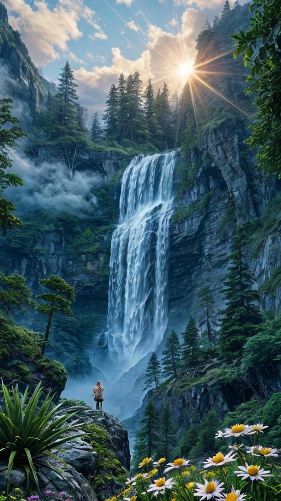Enchanted Waterfall Forest Landscape in Hyperdetailed Style