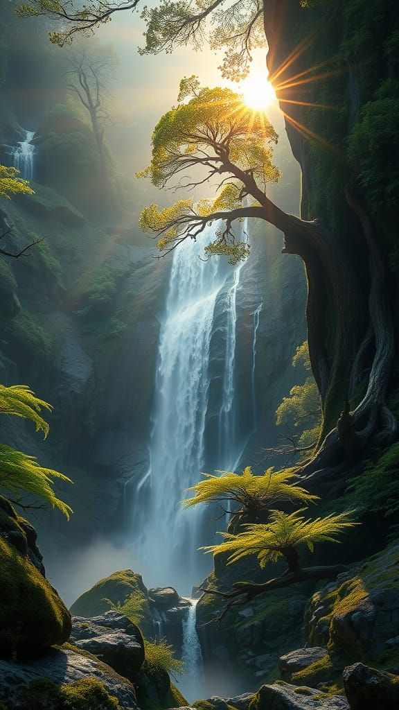 Luminous Waterfalls in Ancient Forest Dreamscape