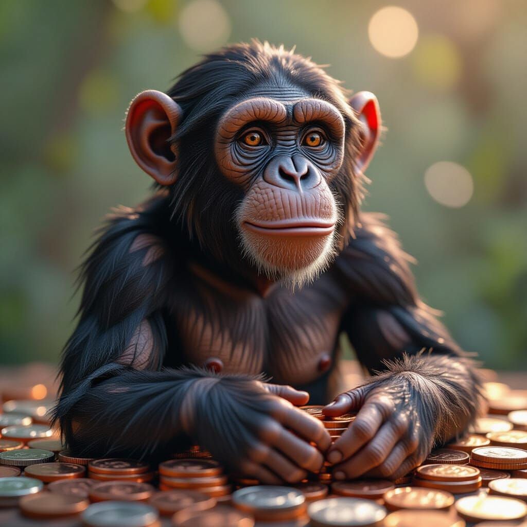 Chimpanzee Made of Shimmering Coins: Digital Art