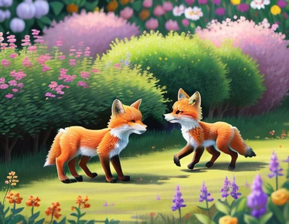 Fox Family Playing in a Spring Garden