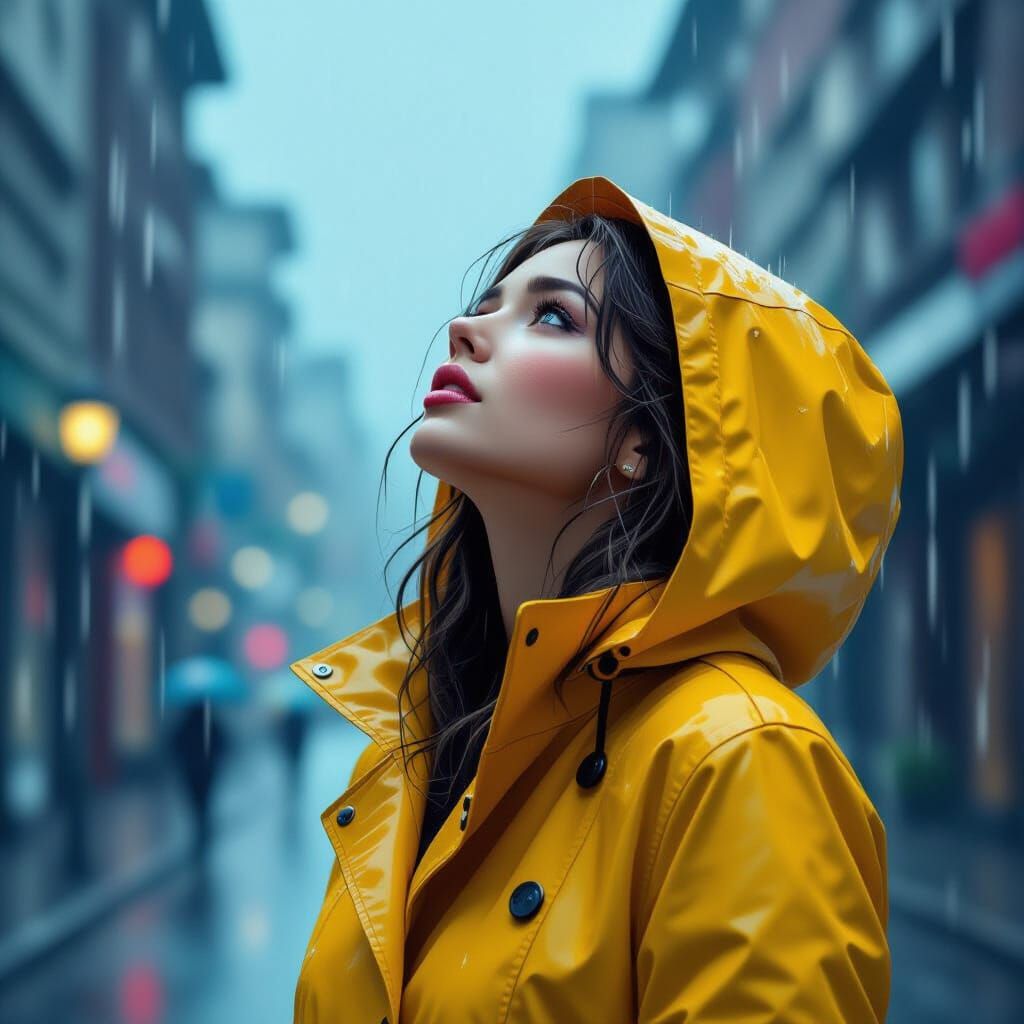Woman in Rain, Looking Up, Cinematic Dreamy Style