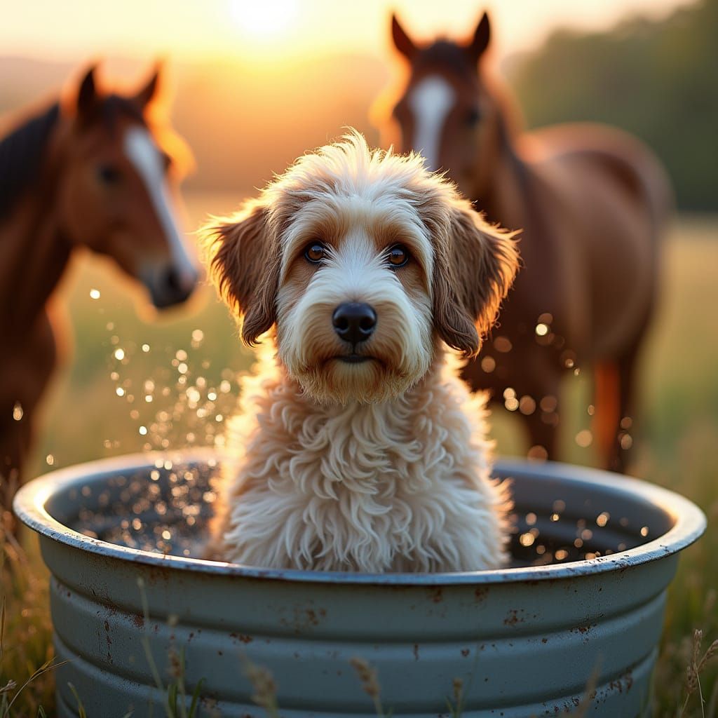 Serene Evening with a Shaggy Aussiedoodle and Gentle Horses