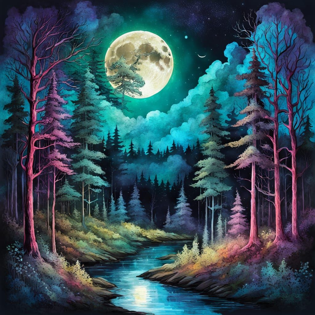 Jewel-Toned Full Moon Magic over Forest Nightscape