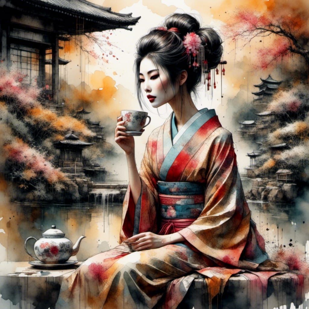 Geisha Tea in Zen Garden: Oil Painting Style