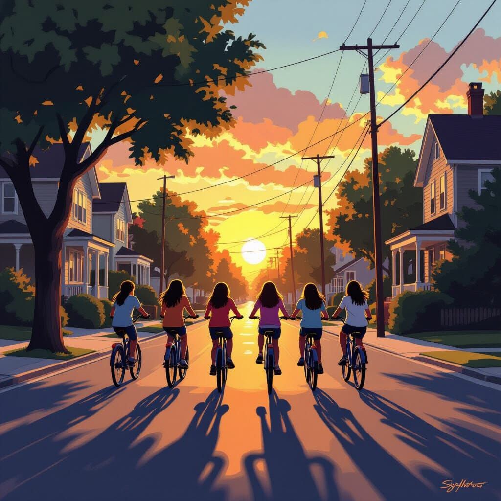Sunrise Bike Ride Silhouettes on Neighborhood Street