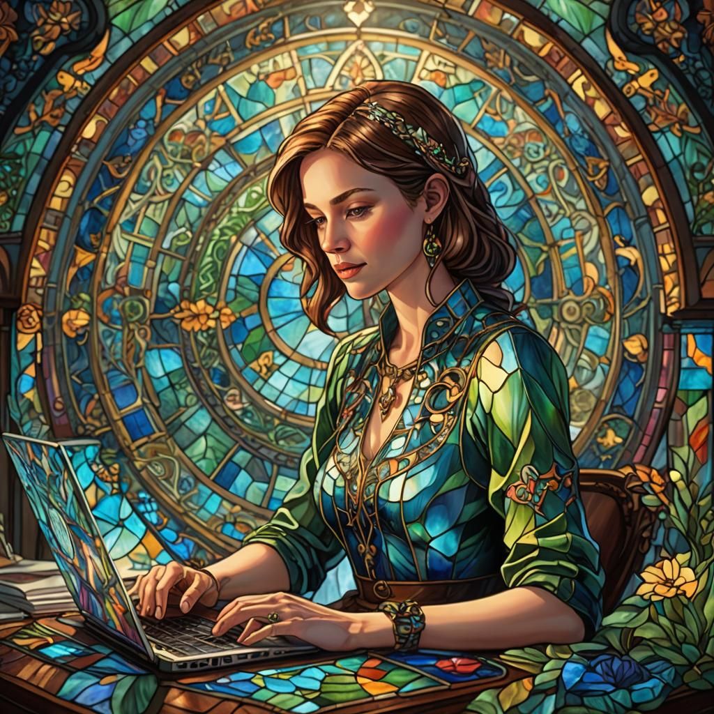 Woman Working at Laptop in Stained Glass Style