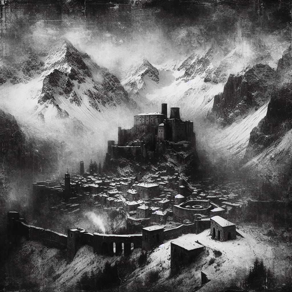 Medieval City Amidst Snowy Mountains in Vintage Oil Painting...