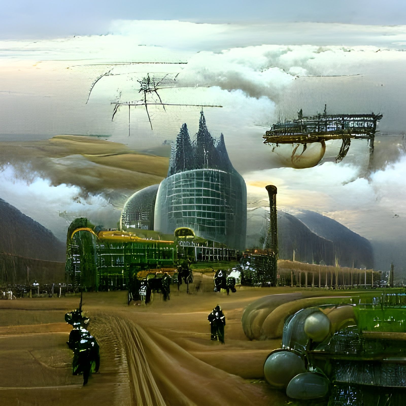 Steampunk City with Futuristic Agriculture, Surrealist Style