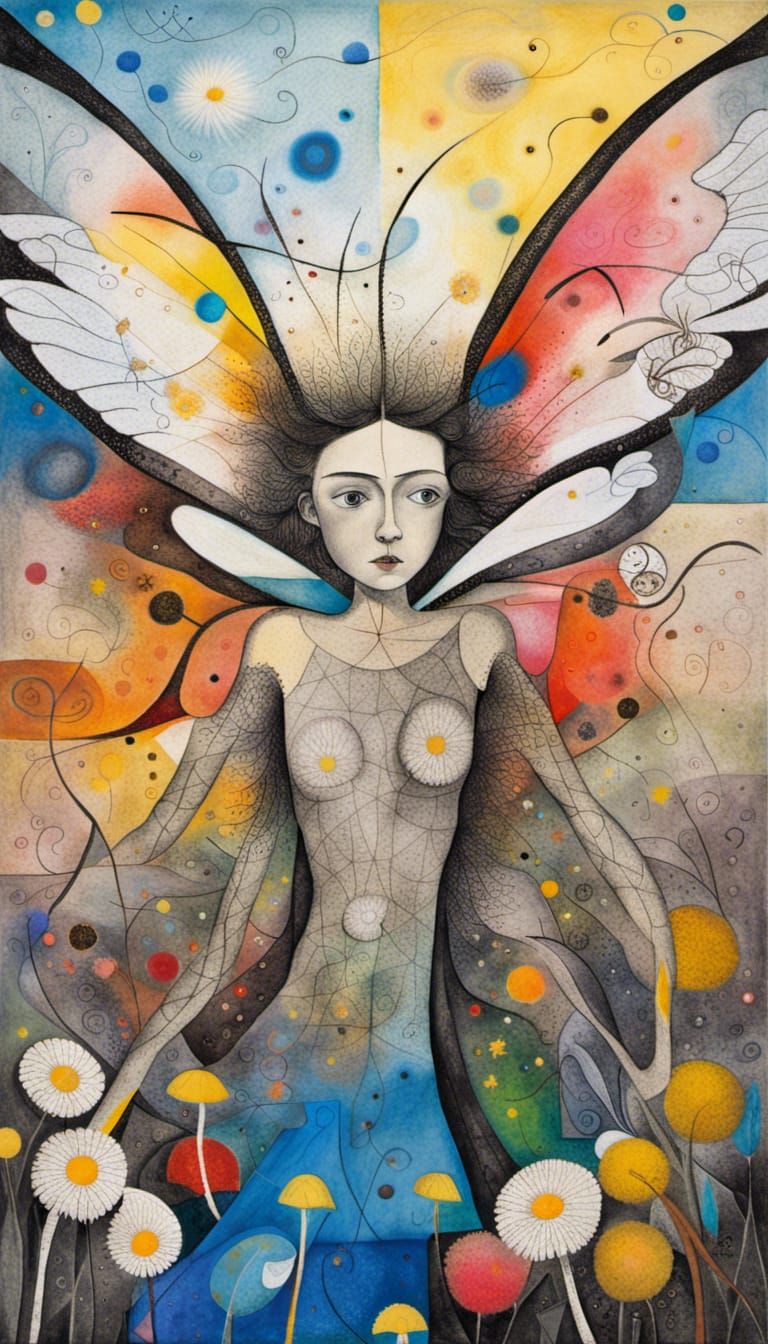 Winged Fairy in Dandelion Dreamscape: Abstract Art