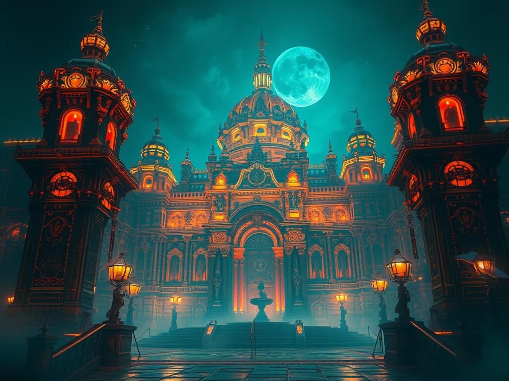 Ornate Palace at Night in Digital Art Style