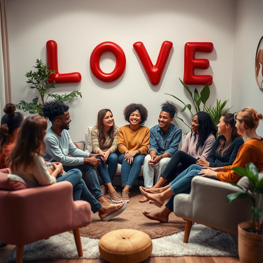 Diverse Group Therapy Session with Message of Love