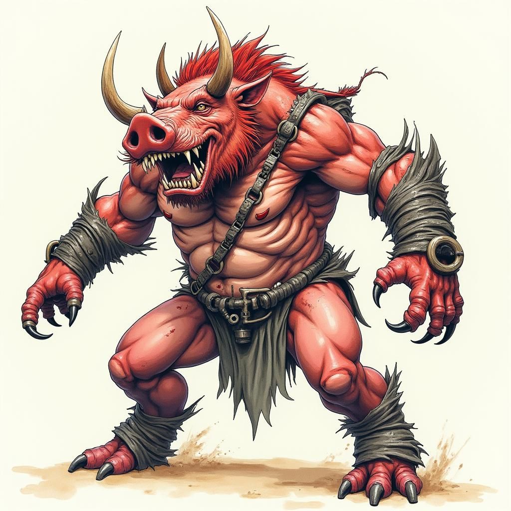 Dark Fantasy Hog Warrior in Watercolor Style