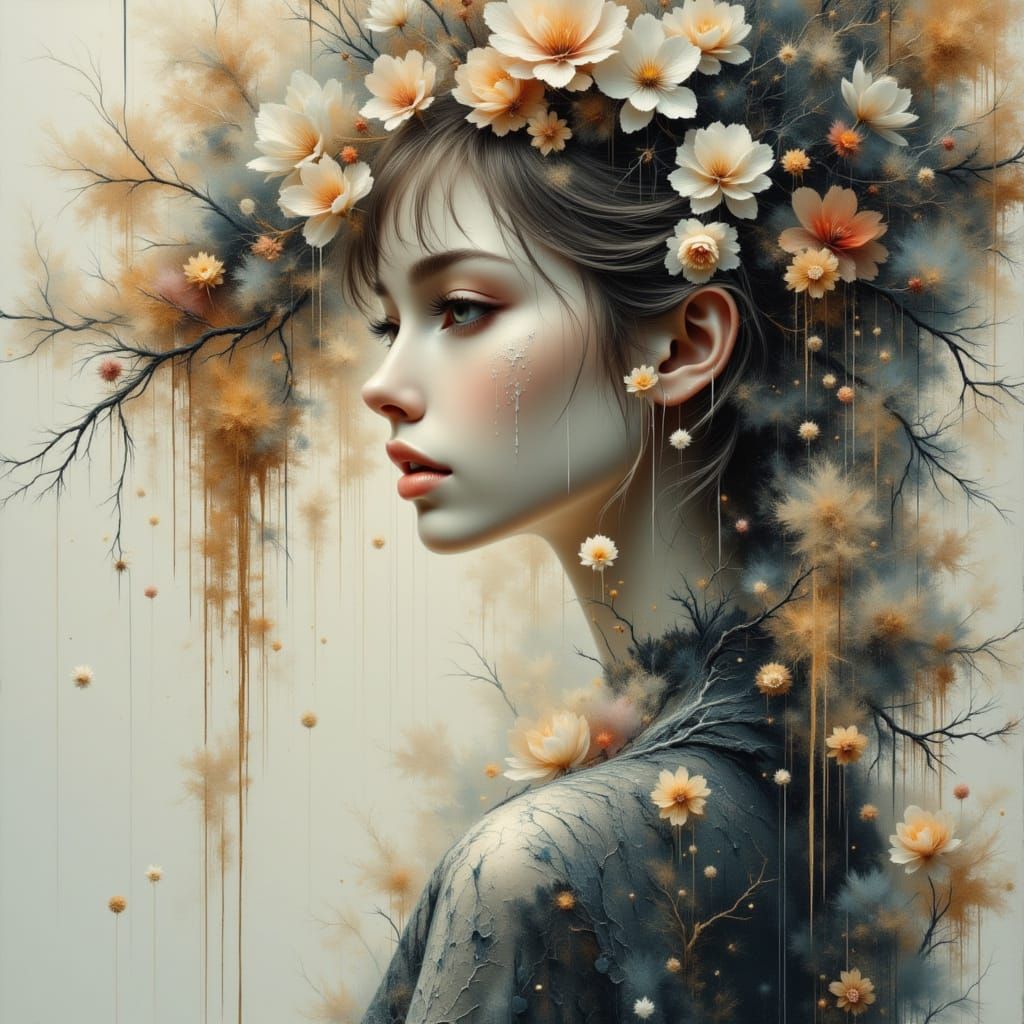 Hauntingly Beautiful Maiden in Lace Gown Oil Painting