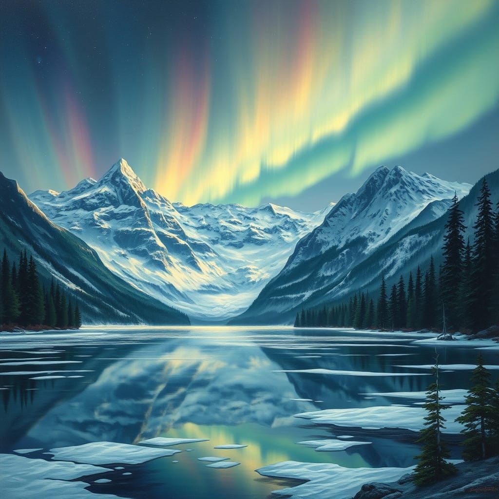 Dreamy Aurora Borealis Landscape in Impasto Style