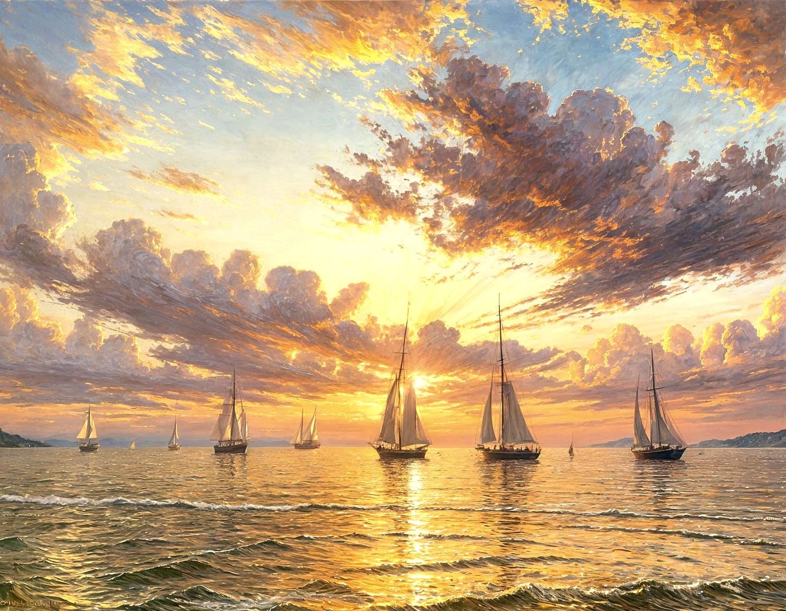 Idyllic Sunset Shore in Impressionist Oil Painting