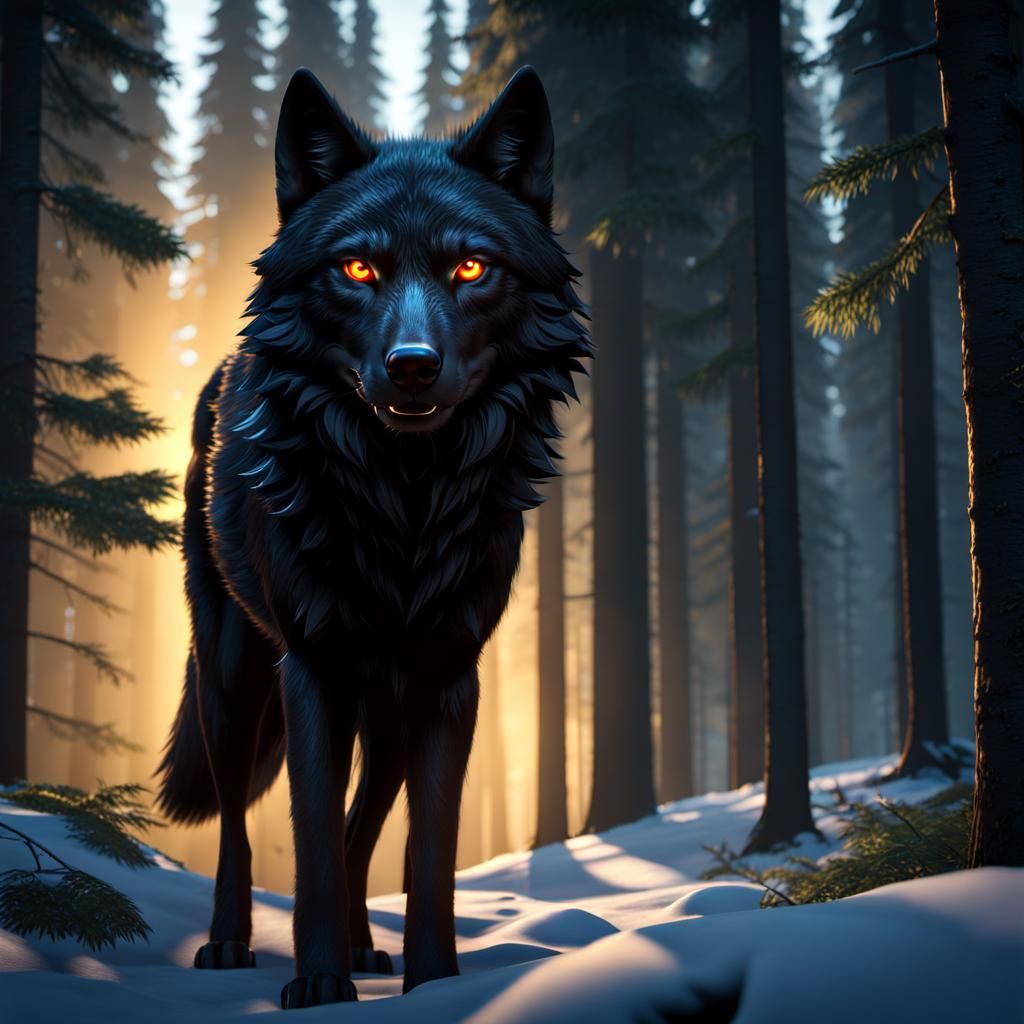 A black wolf with glowing eyes looks at the viewer