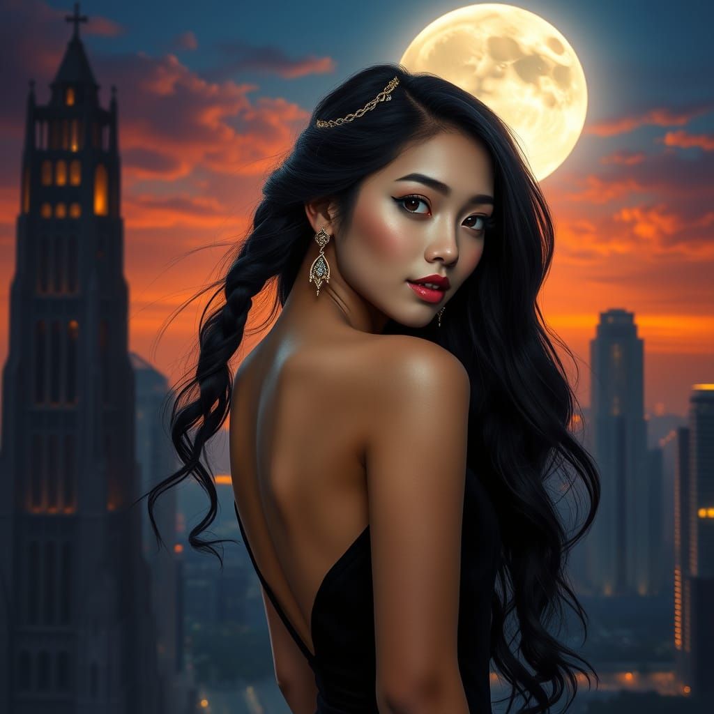 Thai Woman Portrait with Gothic Cityscape and Moon