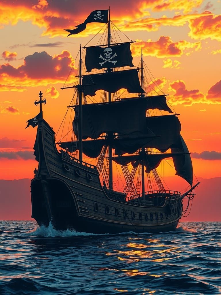 masterpiece, pirate ship, silhouetted, black sails, jolly ro...