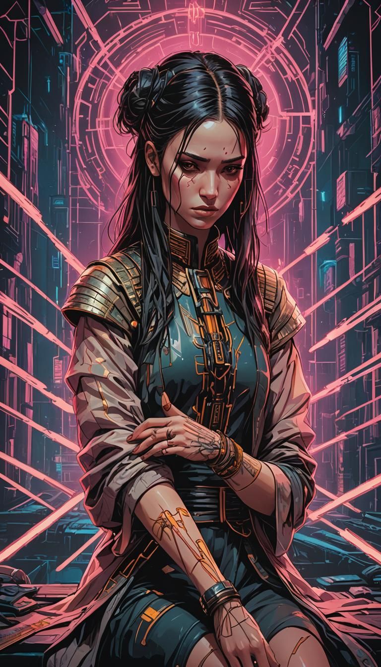 Eight of Swords Tarot in Cyberpunk Style