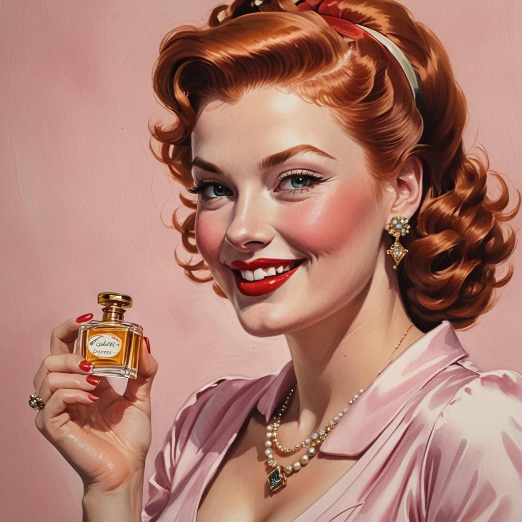Pinup Redhead Salesgirl in Gouache Detailed Painting