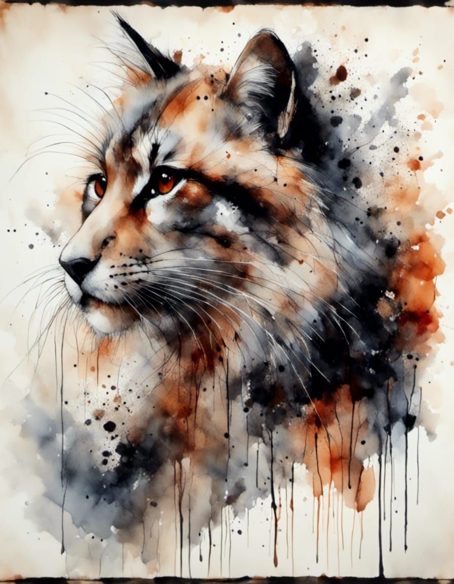 Watercolor of Long-Haired Cat in Wild Garden