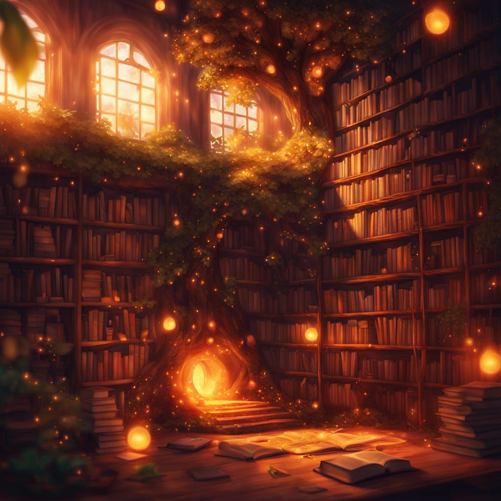 Magical Tree Library in Dreamlike Fantasy Illustration