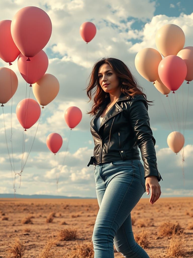 Woman With 99 Balloons in Hyperrealistic Landscape