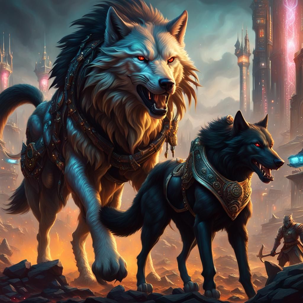 Epic Fantasy Cyberpunk Battle in Hyperdetailed Digital Paint...